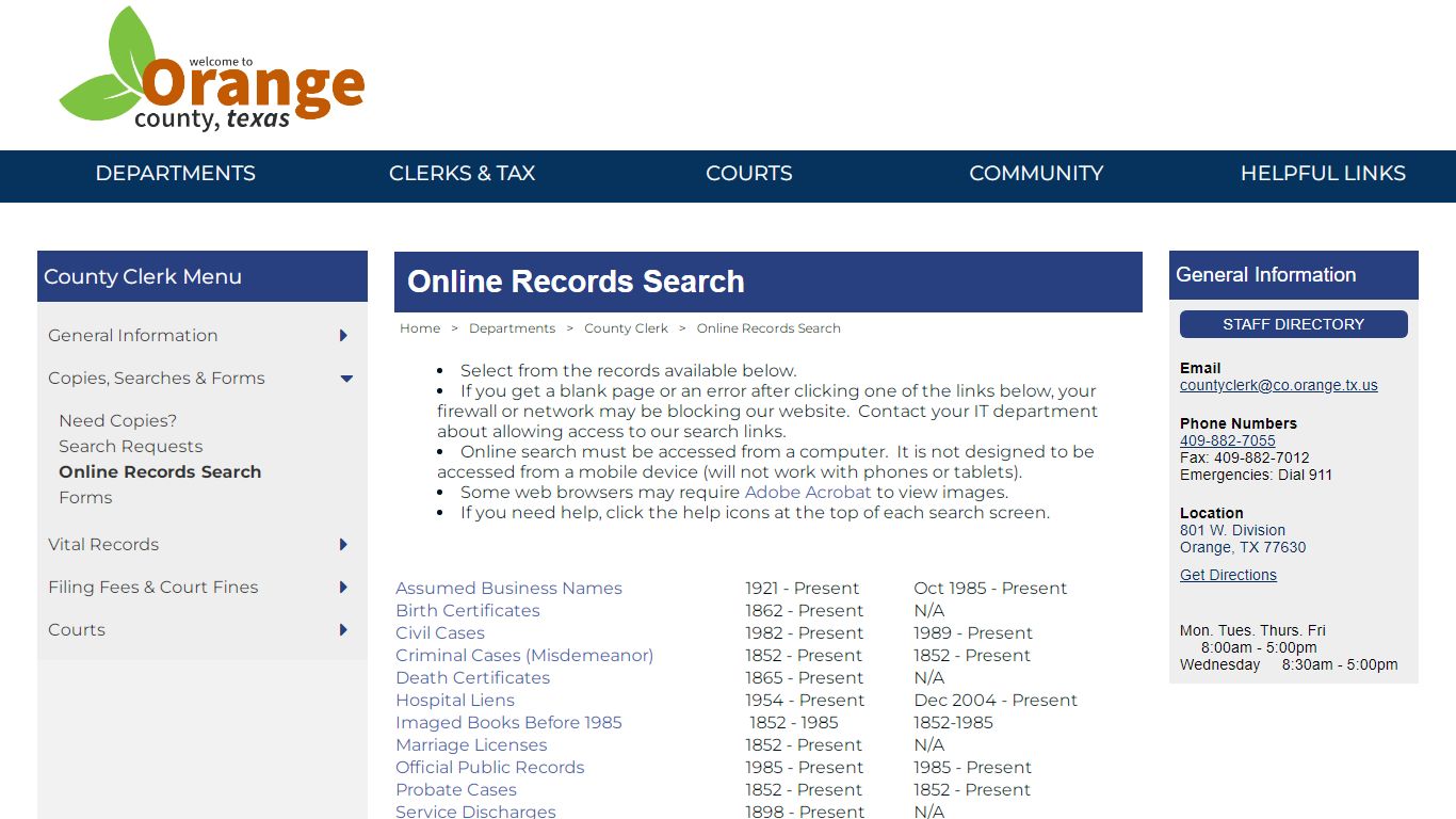 Online Records Search - Orange County, Texas